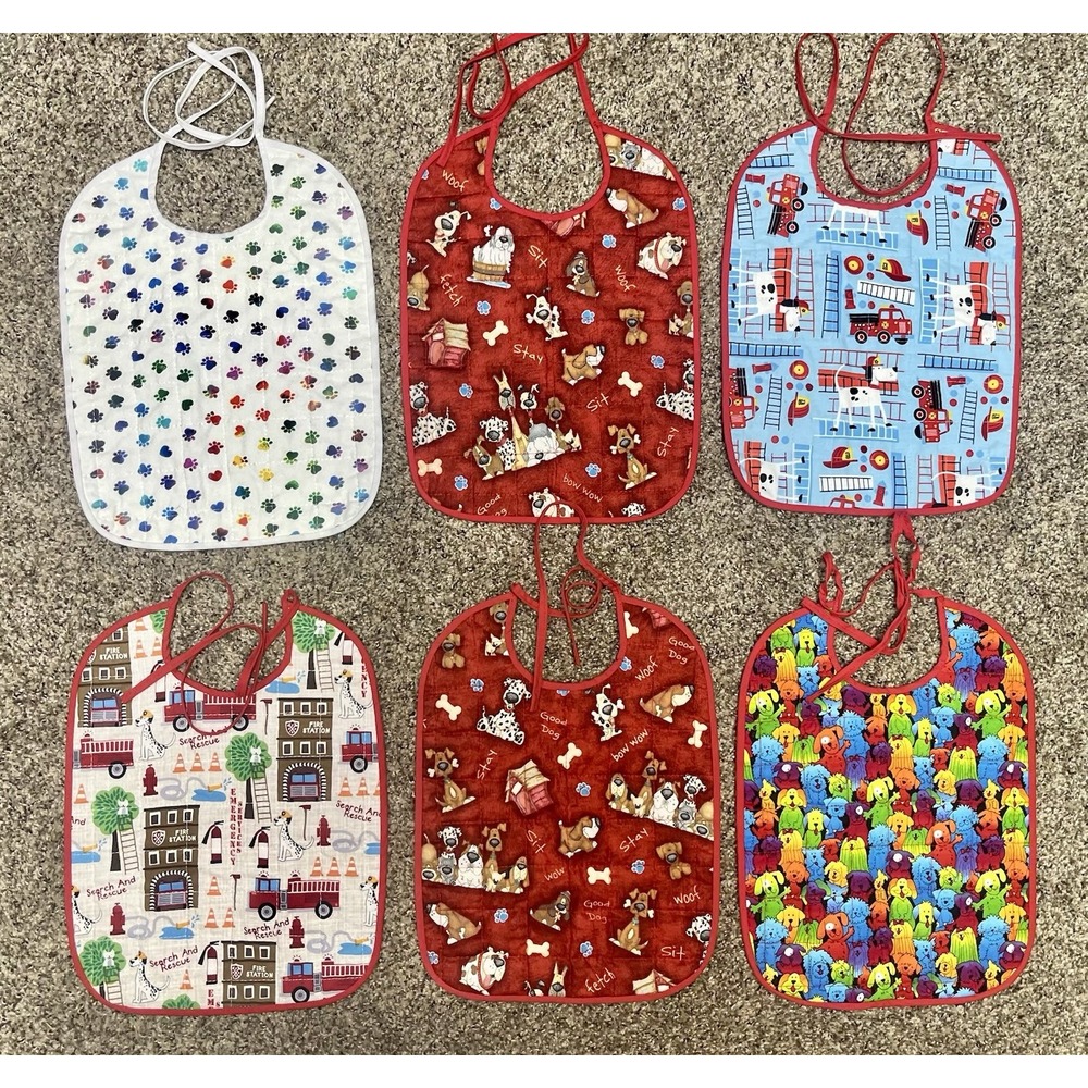 Lot Of 6 Quilted Handmade Bibs Dog Theme Large Size 12" X 9"